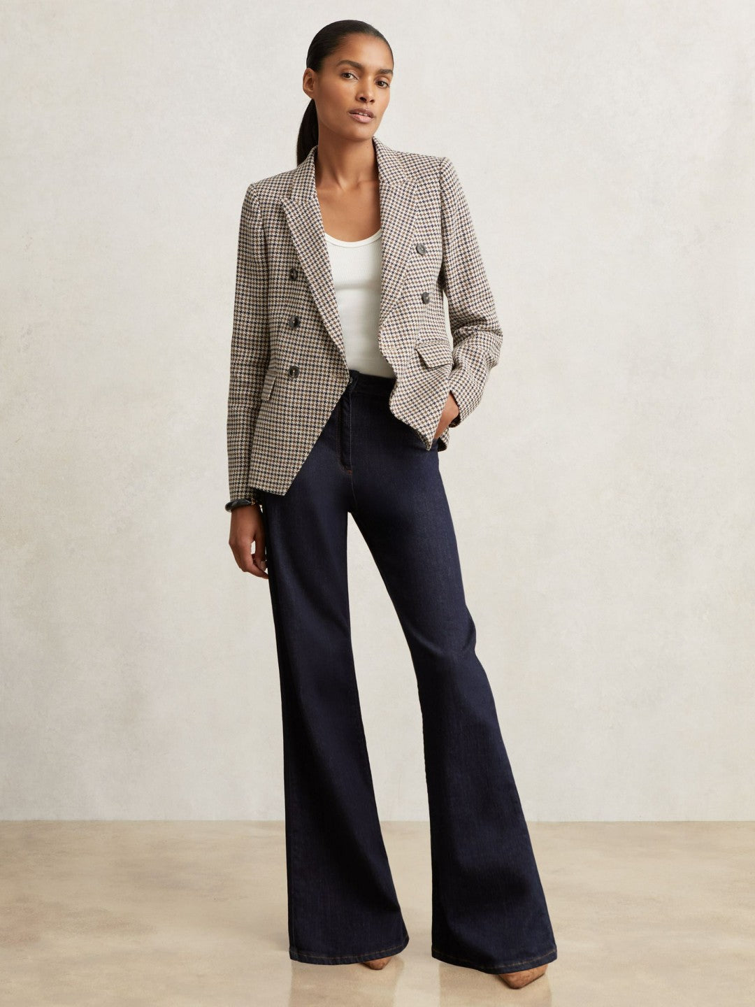 Cotton-Linen Double-Breasted Houndstooth-Check Blazer Navy Neutral Check | Women