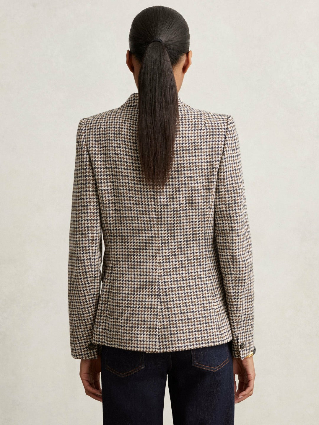 Cotton-Linen Double-Breasted Houndstooth-Check Blazer Navy Neutral Check | Women