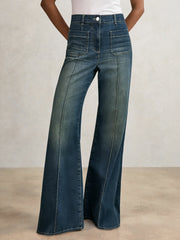 Petite Patch-Pocket Flared Jeans Mid Blue | Women
