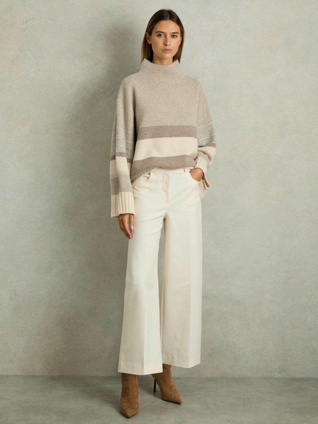 Wool Funnel-Neck Striped Jumper Neutral | Women