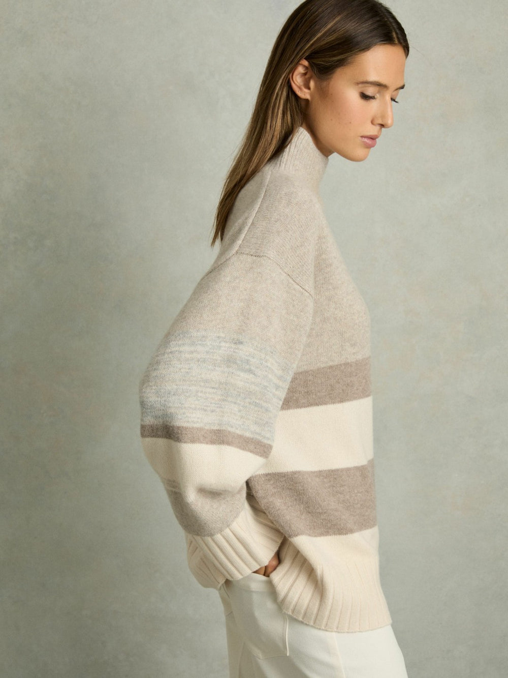 Wool Funnel-Neck Striped Jumper Neutral | Women