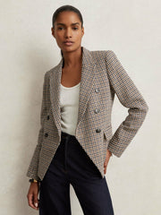 Petite Cotton-Linen Double-Breasted Houndstooth-Check Blazer Navy Neutral Check | Women