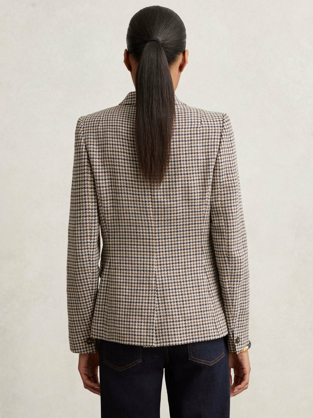 Petite Cotton-Linen Double-Breasted Houndstooth-Check Blazer Navy Neutral Check | Women