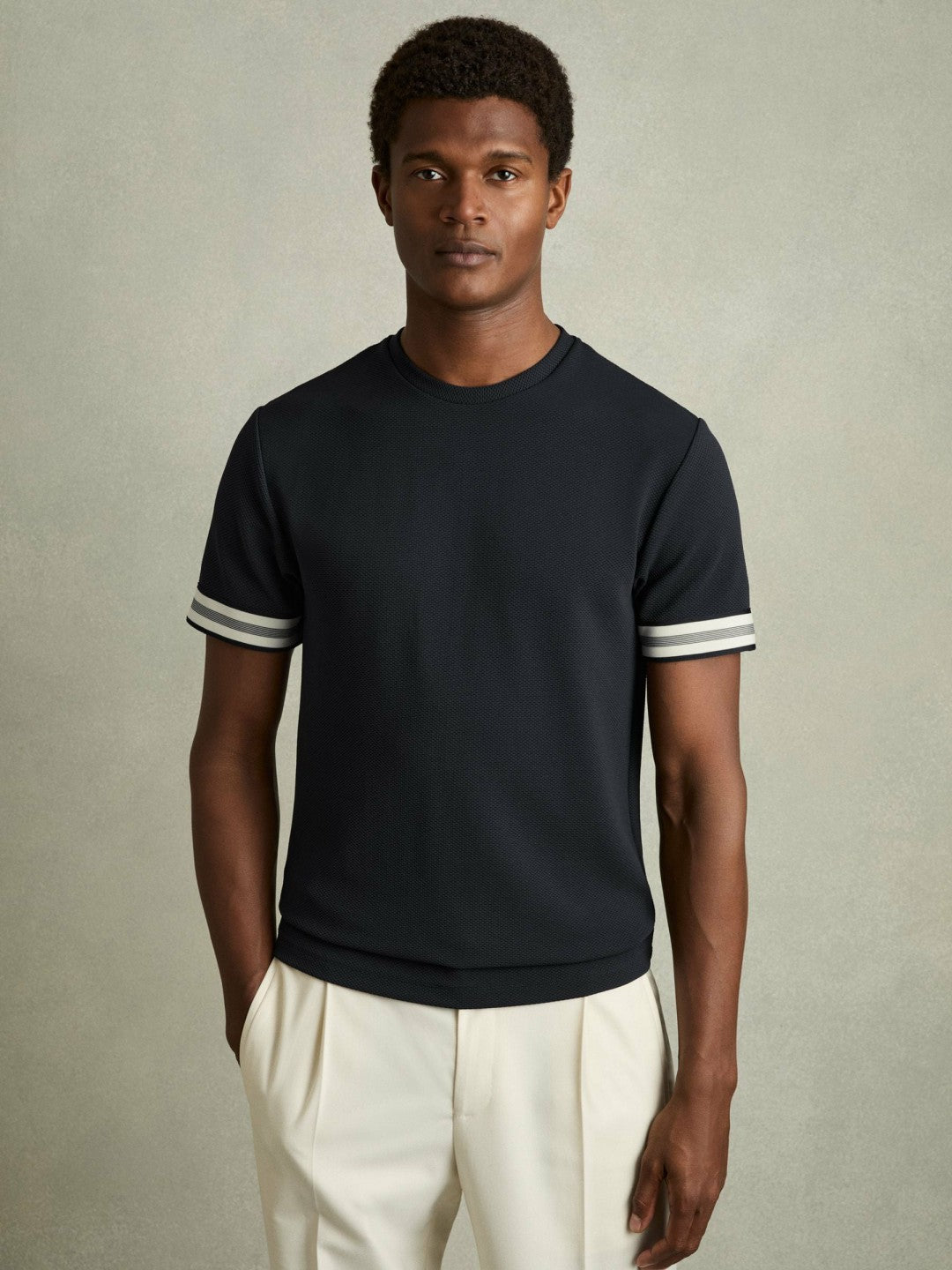 Tape-Cuff Textured T-Shirt Navy | Men
