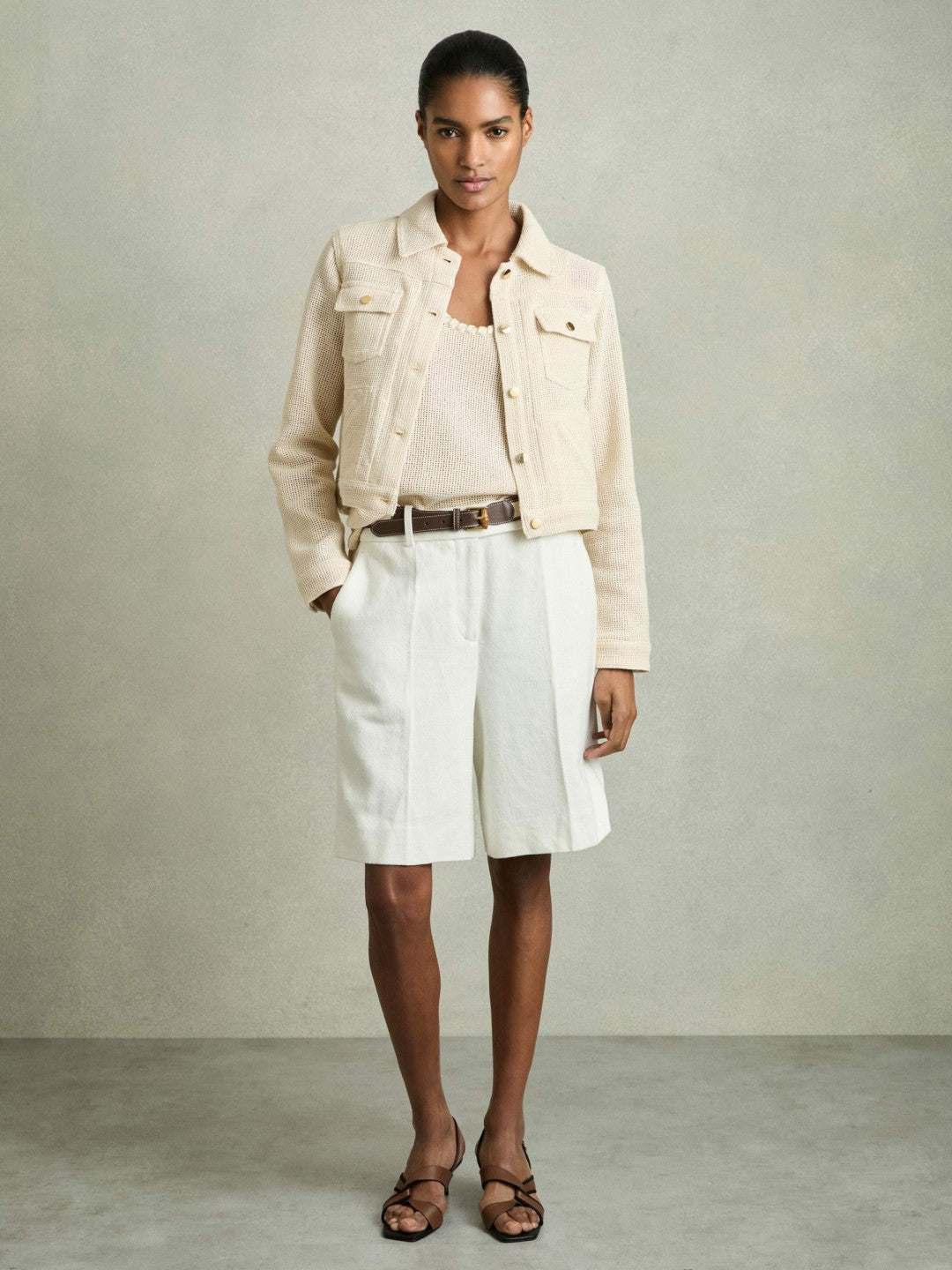 Cotton-Blend Textured Trucker Jacket Neutral | Women