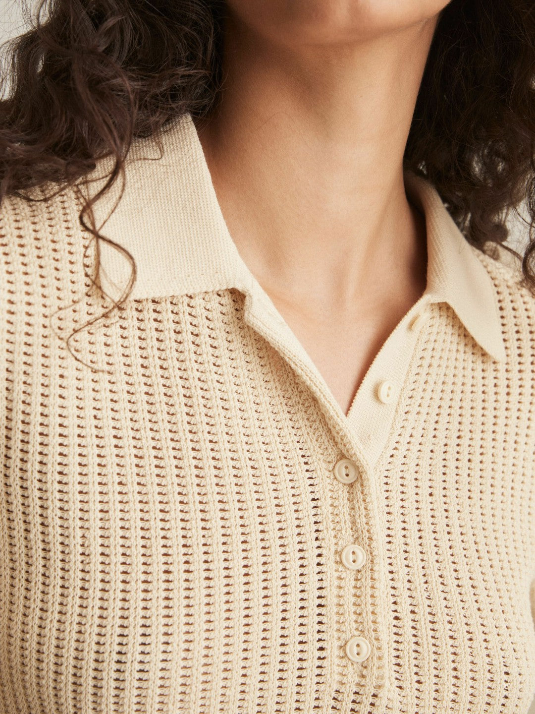 Cotton-Blend Open-Knit Polo Shirt Ivory | Women