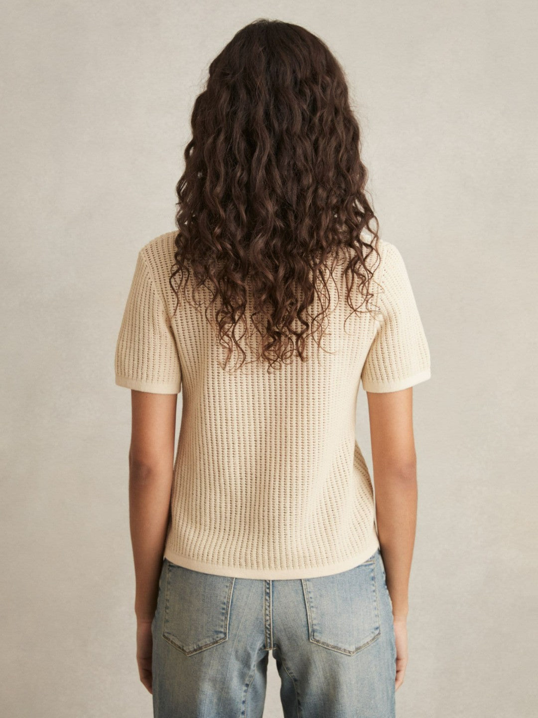 Cotton-Blend Open-Knit Polo Shirt Ivory | Women