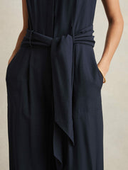 Wide-Leg Belted Jumpsuit Navy | Women