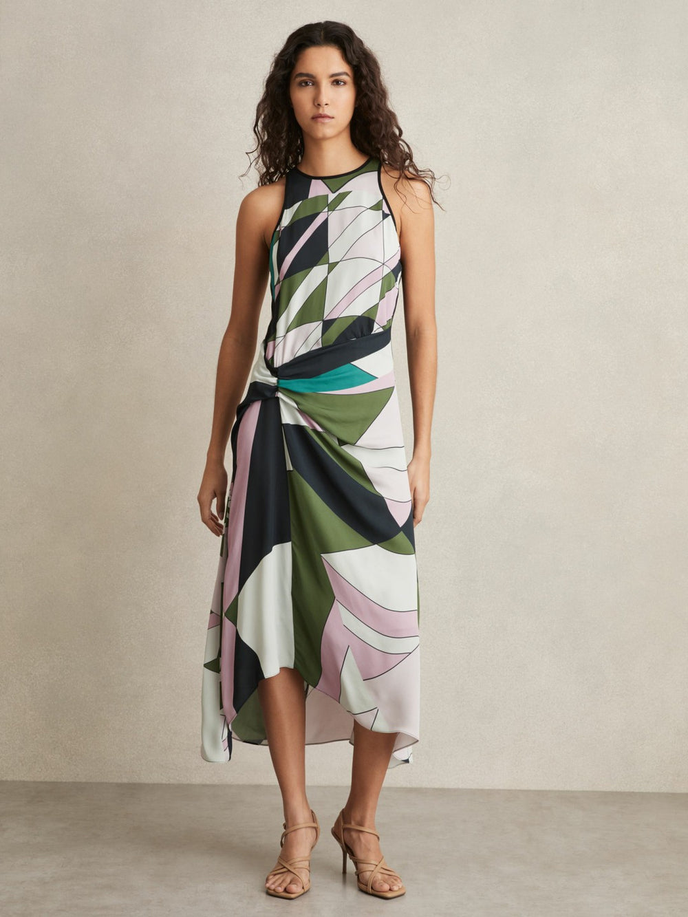 Geometric-Print Gathered Midi Dress Green | Women