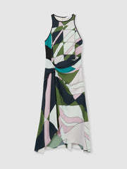 Geometric-Print Gathered Midi Dress Green | Women