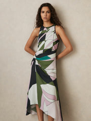 Geometric-Print Gathered Midi Dress Green | Women