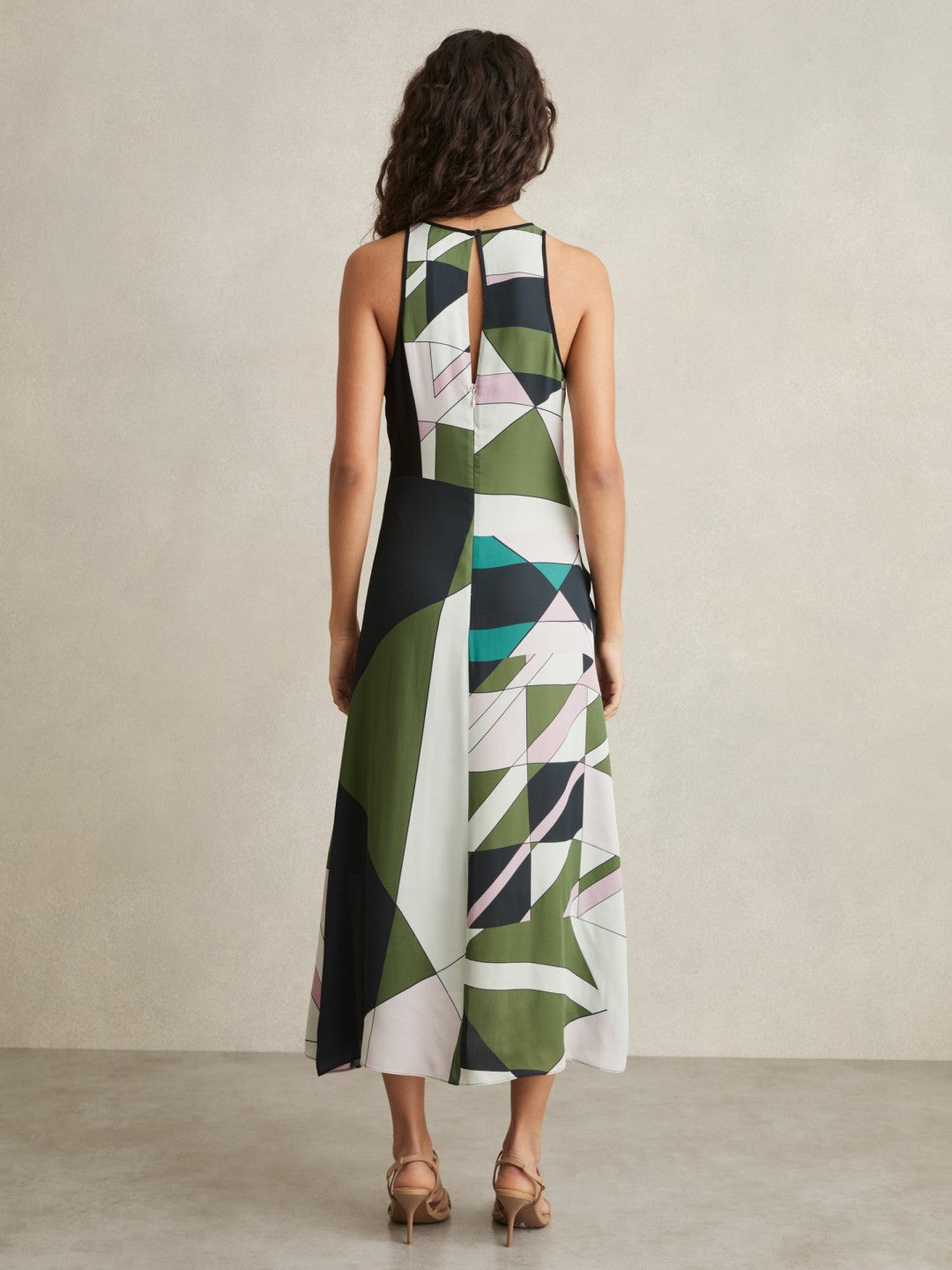 Geometric-Print Gathered Midi Dress Green | Women