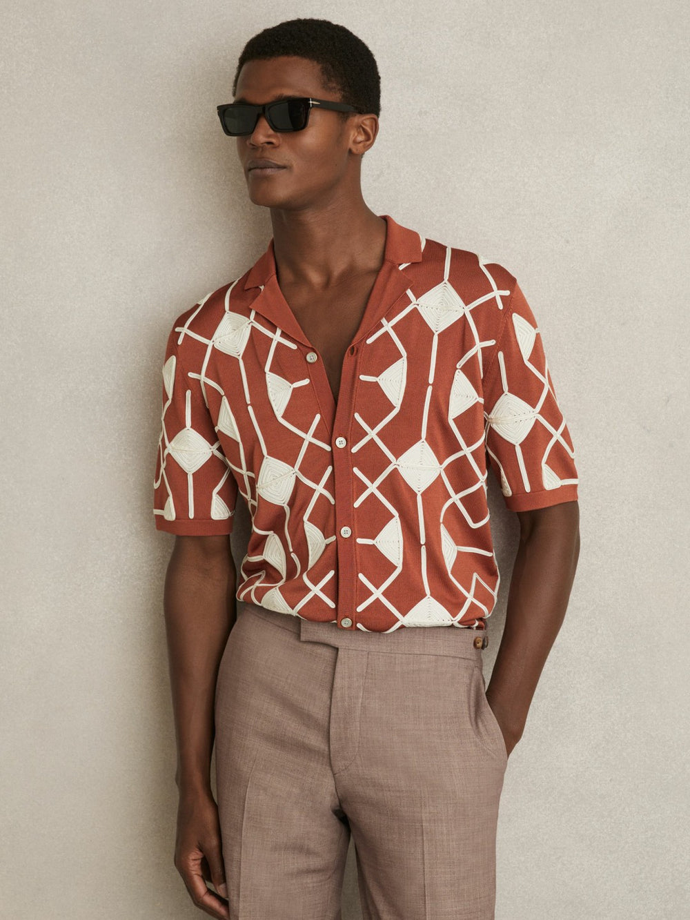Geometric Embroidery Knit Shirt Paprika Red | Men