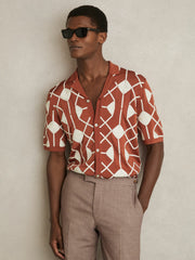 Geometric Embroidery Knit Shirt Paprika Red | Men