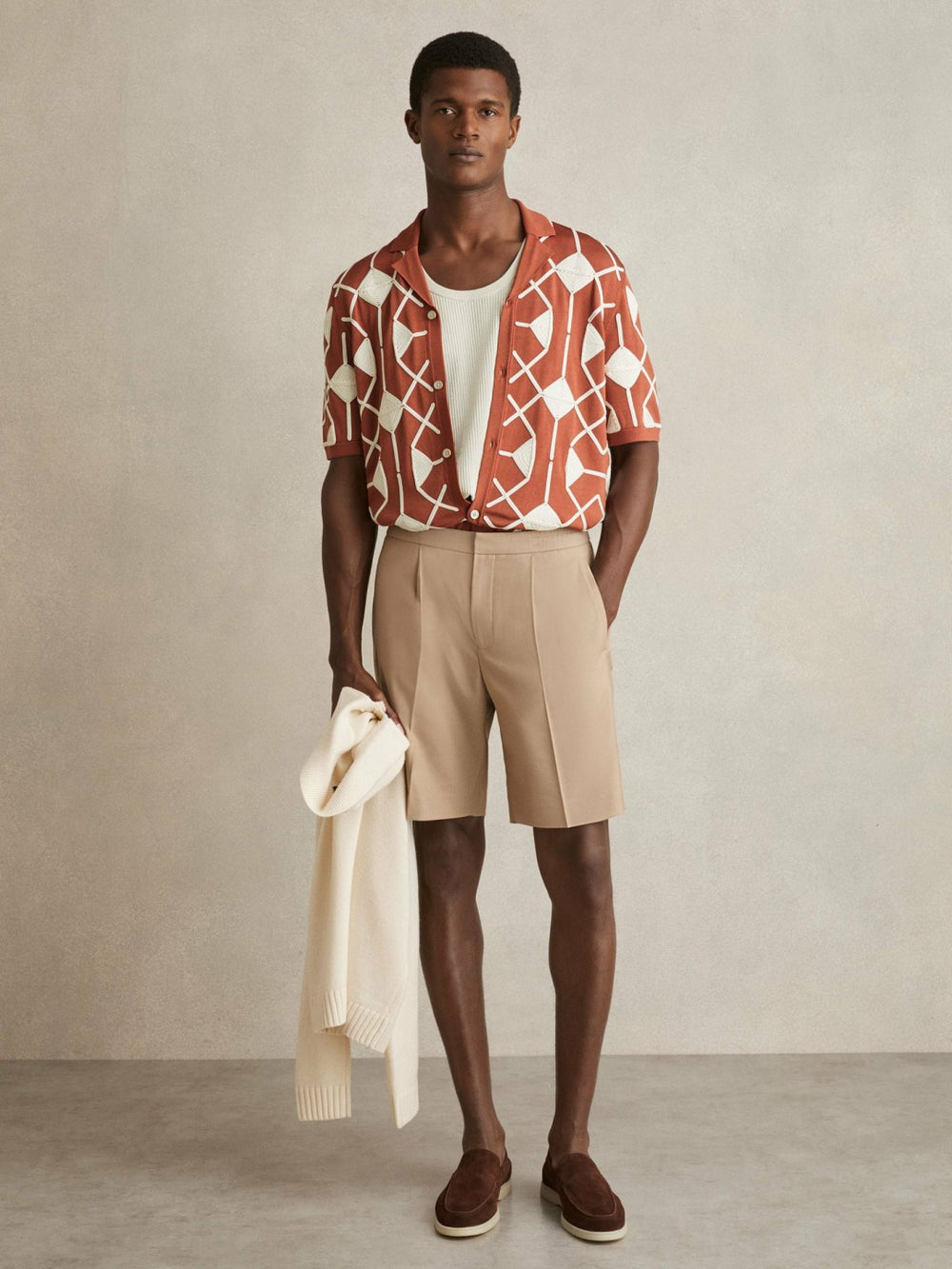 Geometric Embroidery Knit Shirt Paprika Red | Men