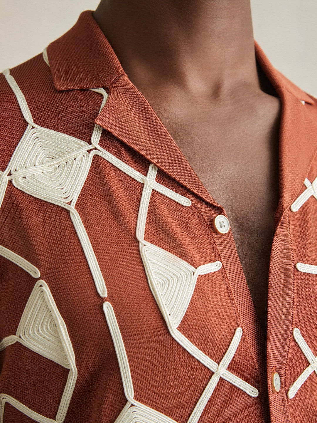Geometric Embroidery Knit Shirt Paprika Red | Men