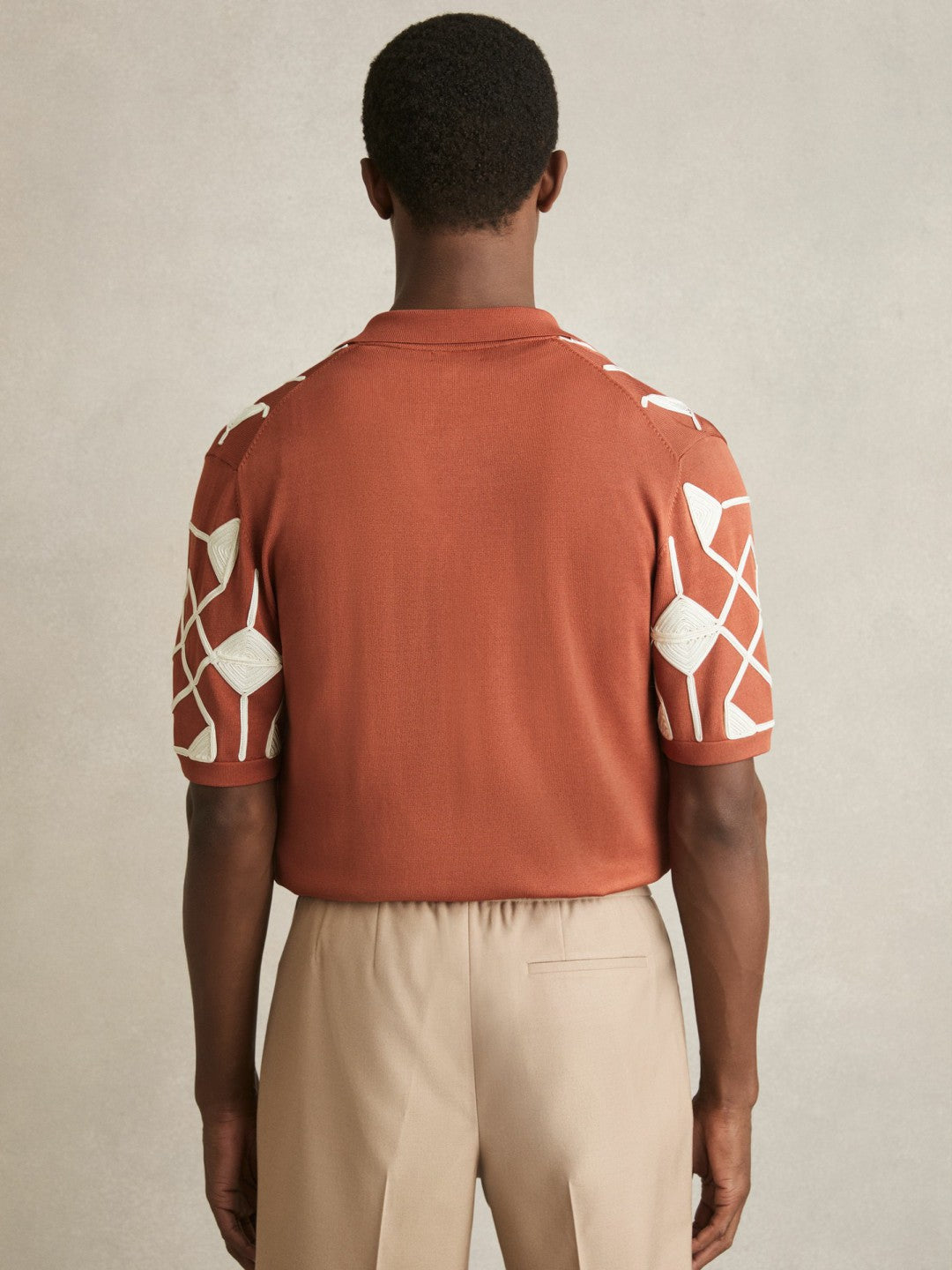 Geometric Embroidery Knit Shirt Paprika Red | Men