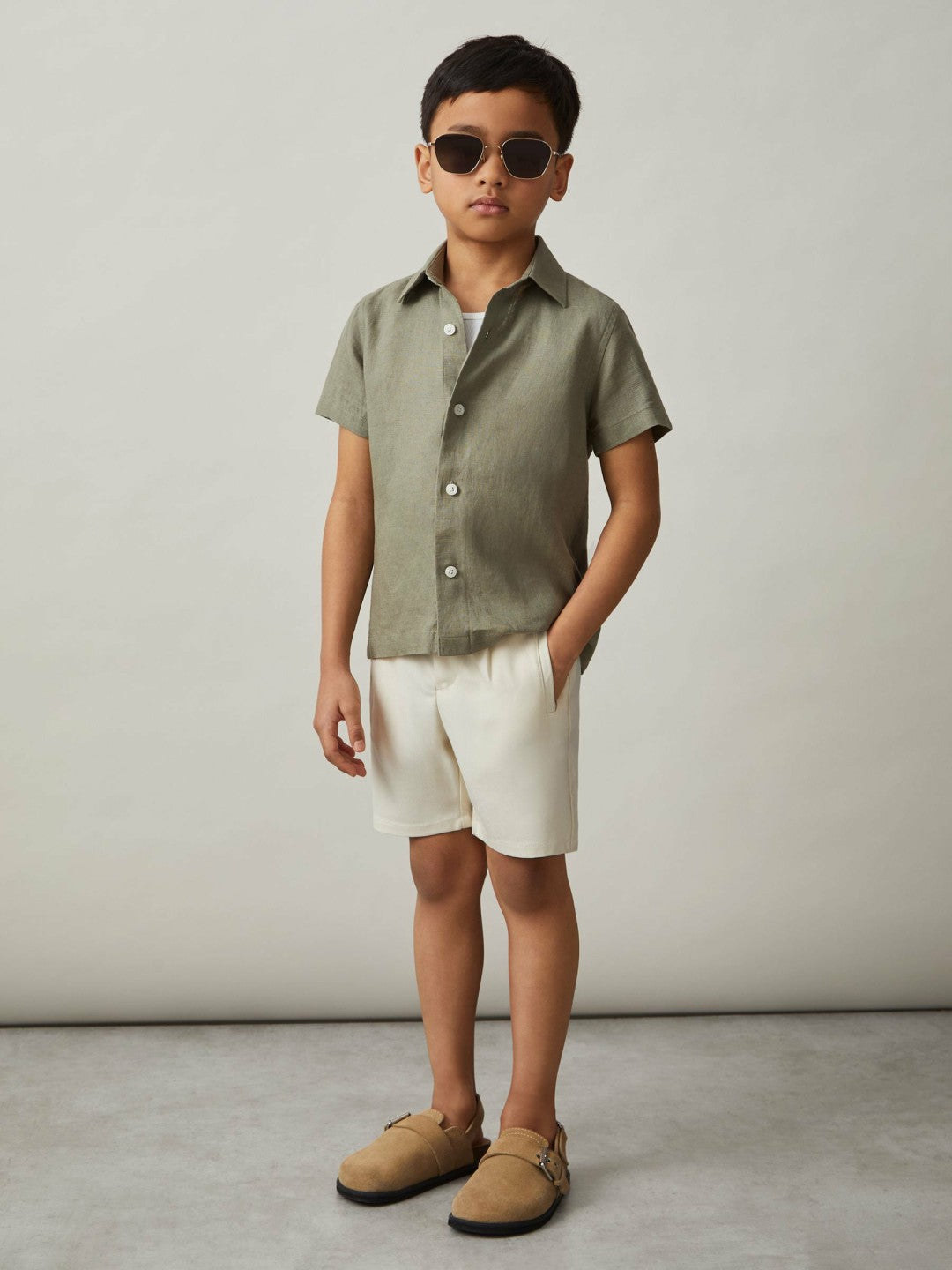3-9 yrs Short Sleeve Linen Shirt Thyme Green | Children & Baby