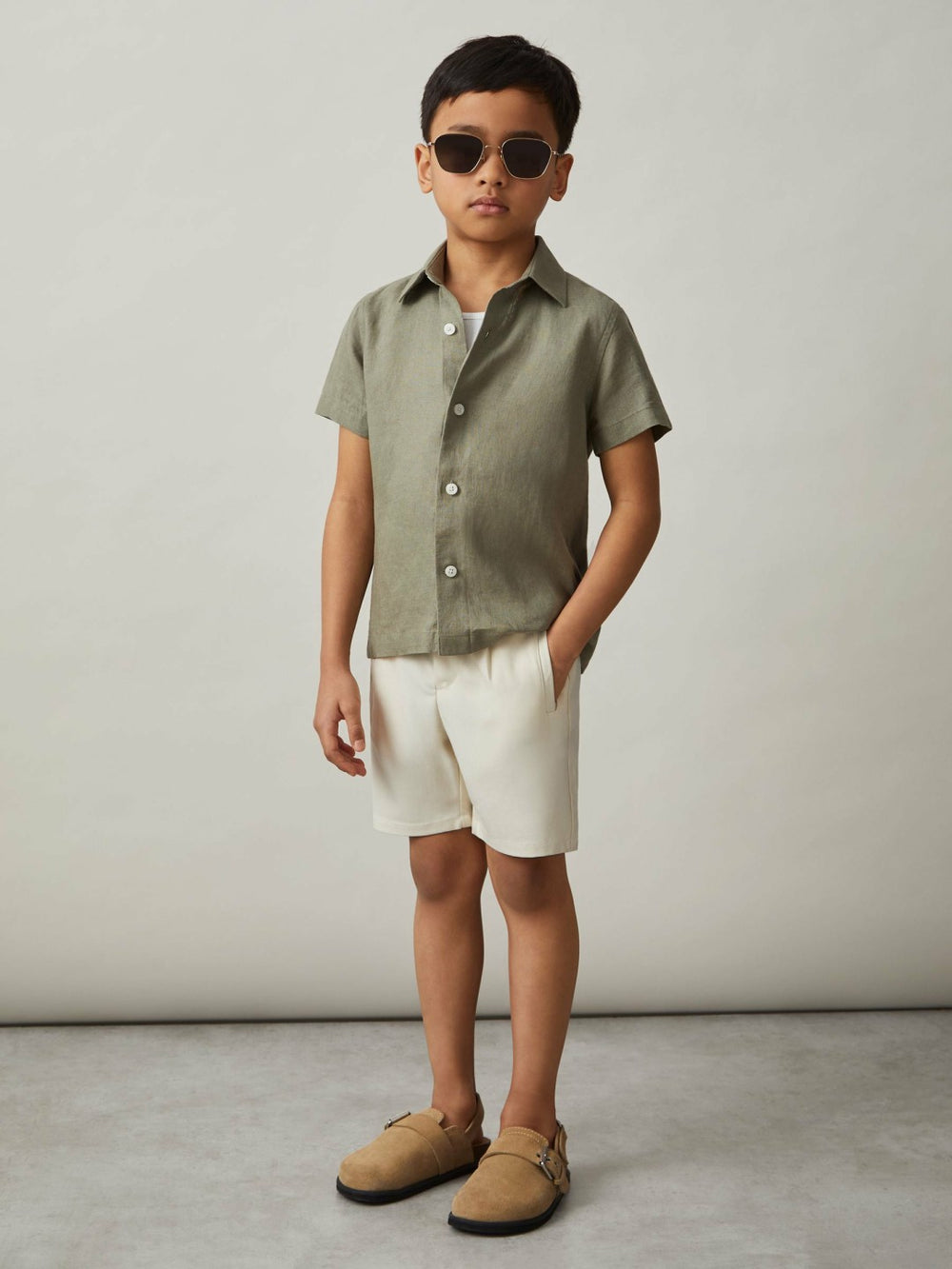 3-9 yrs Short Sleeve Linen Shirt Thyme Green | Children & Baby