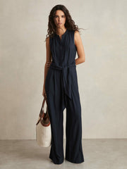 Petite Wide-Leg Belted Jumpsuit Navy | Women