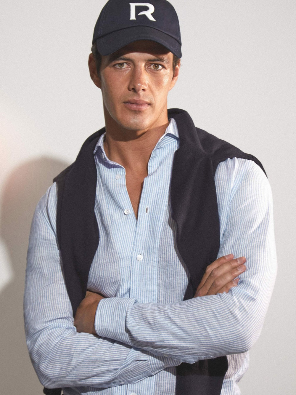 Linen Striped Long Sleeve Shirt Soft Blue/White Fine Stripe | Men