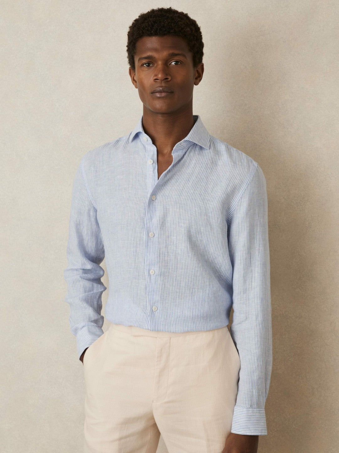 Linen Striped Long Sleeve Shirt Soft Blue/White Fine Stripe | Men