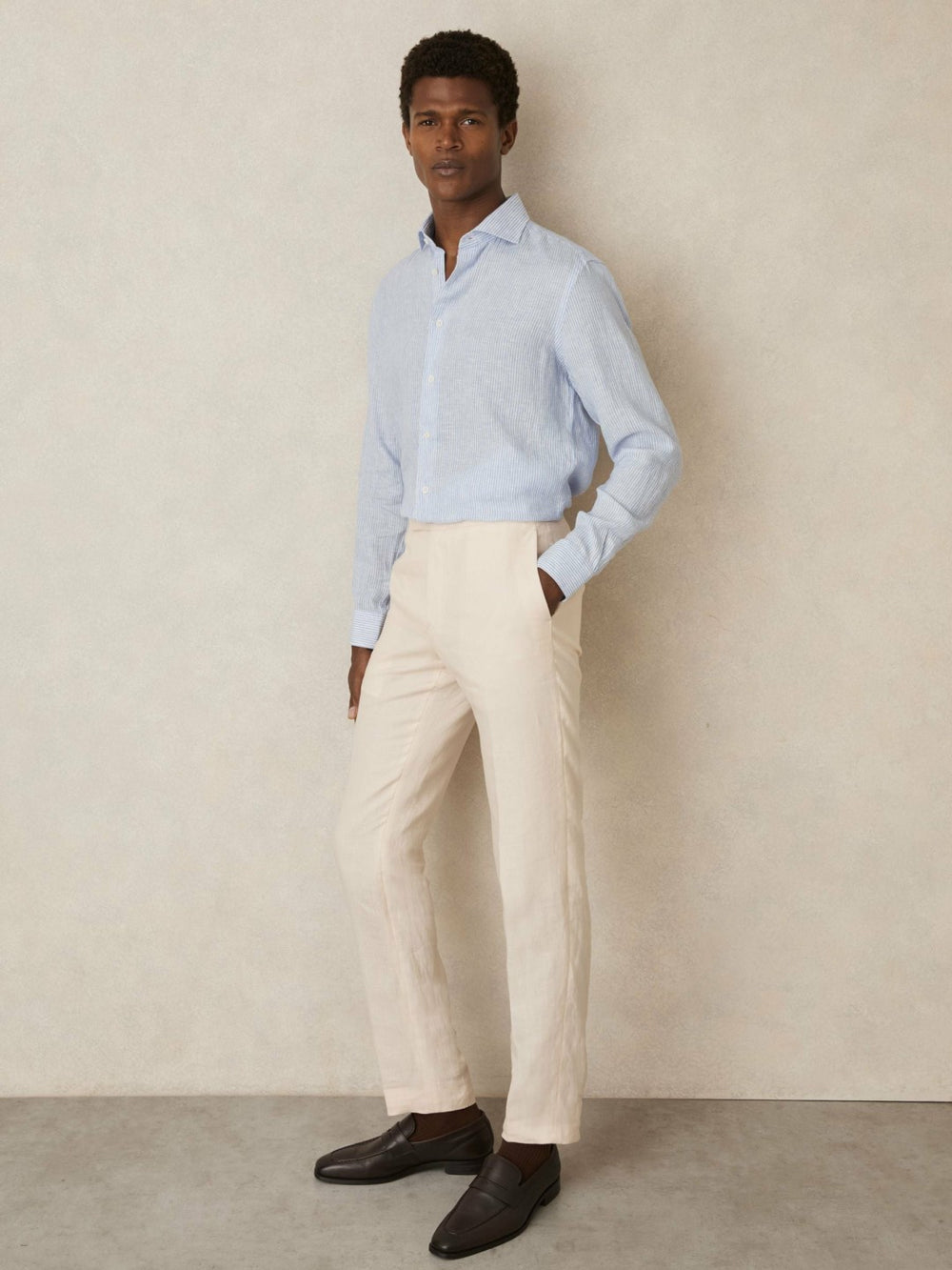 Linen Striped Long Sleeve Shirt Soft Blue/White Fine Stripe | Men
