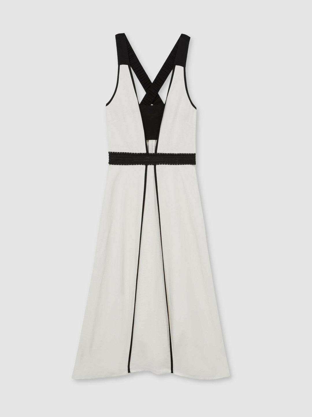 Contrast Trim Flared Midi Dress With Linen Ivory/Black | Women