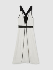 Contrast Trim Flared Midi Dress With Linen Ivory/Black | Women
