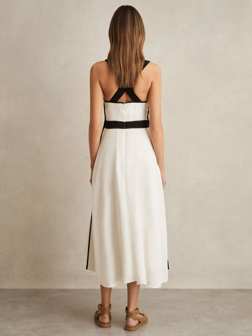 Contrast Trim Flared Midi Dress With Linen Ivory/Black | Women