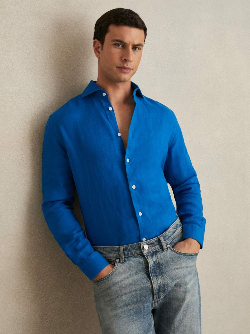 Linen Button-Through Shirt Bright Blue | Men