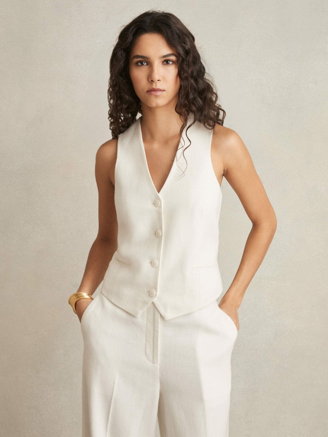 Linen-Blend Button-Through Waistcoat White | Women