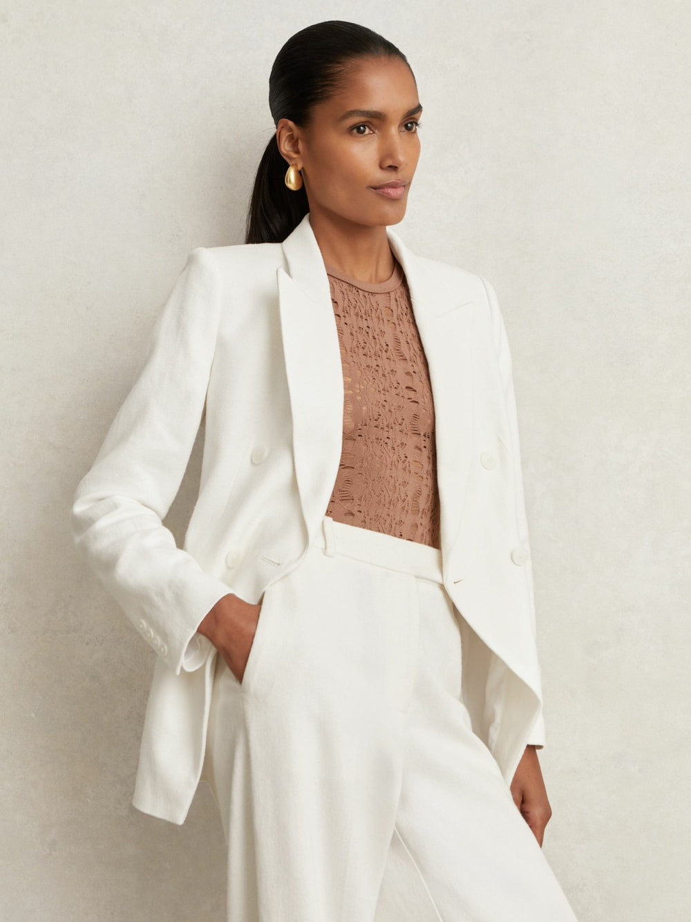 Petite Linen-Blend Double-Breasted Suit Jacket White | Women