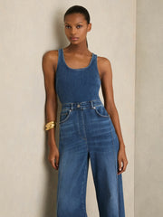 Wide-Leg Racer-Back Denim Jumpsuit Indigo | Women