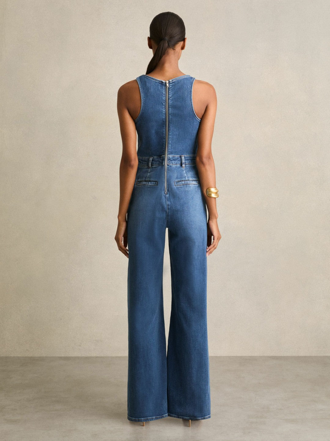 Wide-Leg Racer-Back Denim Jumpsuit Indigo | Women