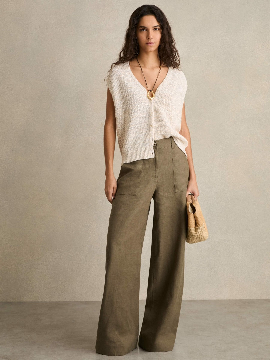 Linen Wide Leg Trousers Khaki | Women