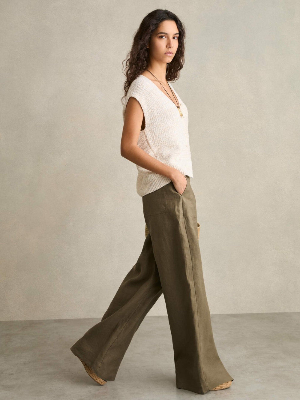 Petite Linen Wide Leg Trousers Khaki | Women