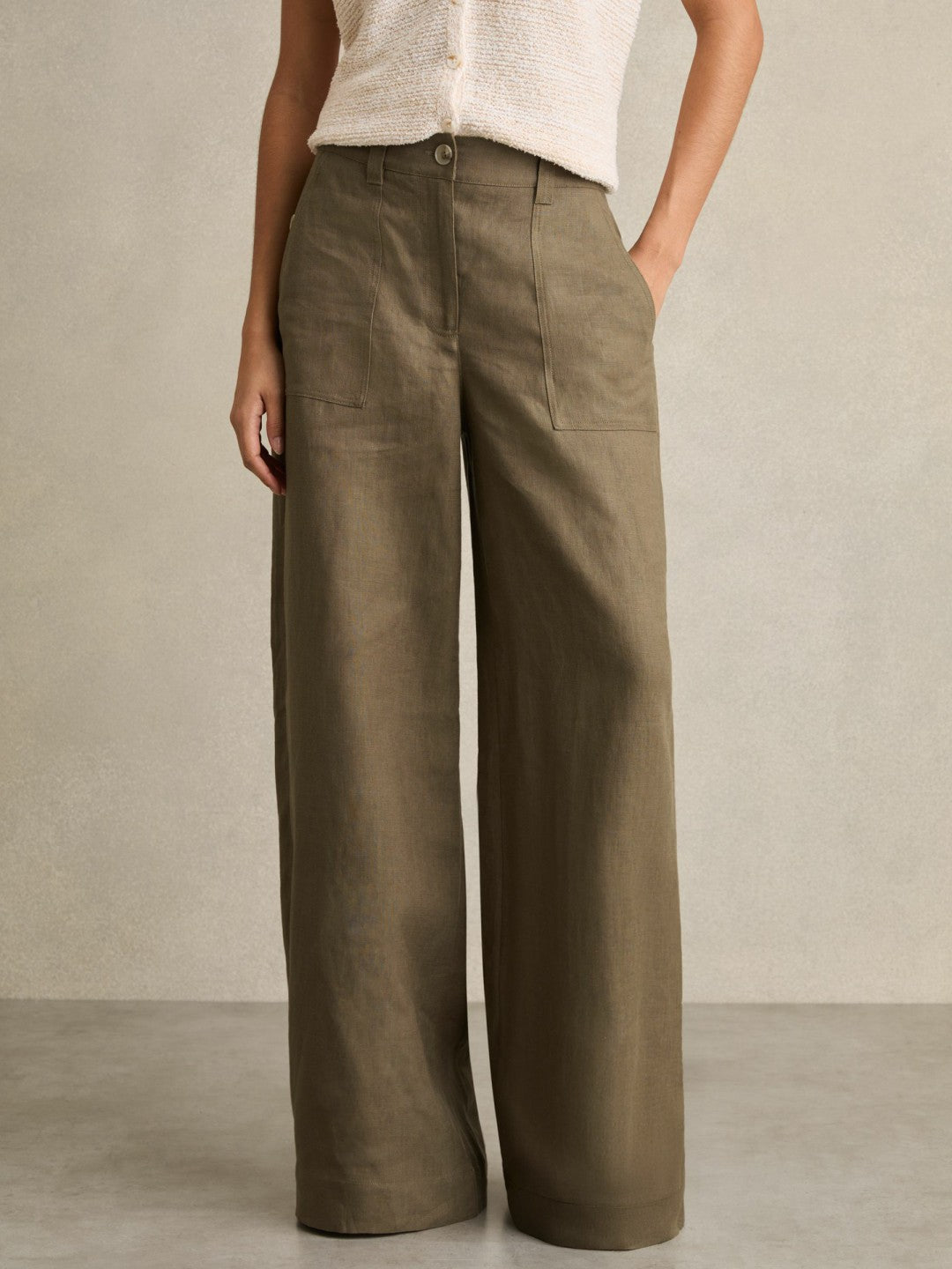 Petite Linen Wide Leg Trousers Khaki | Women