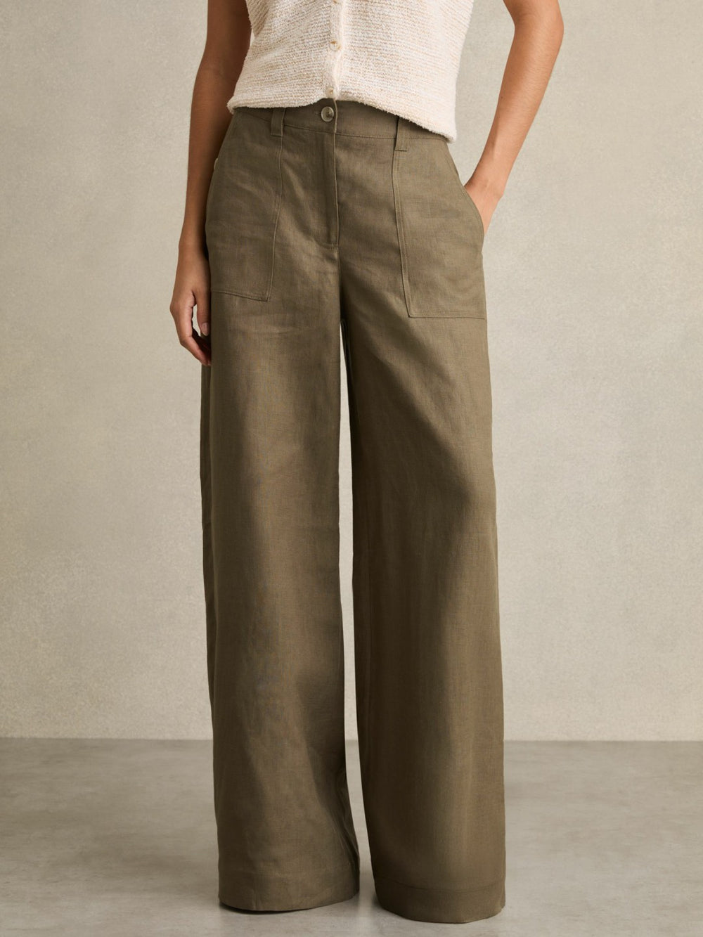 Petite Linen Wide Leg Trousers Khaki | Women