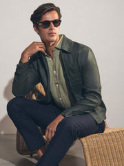 Slim Fit Linen Button-Through Shirt Thyme Green | Men