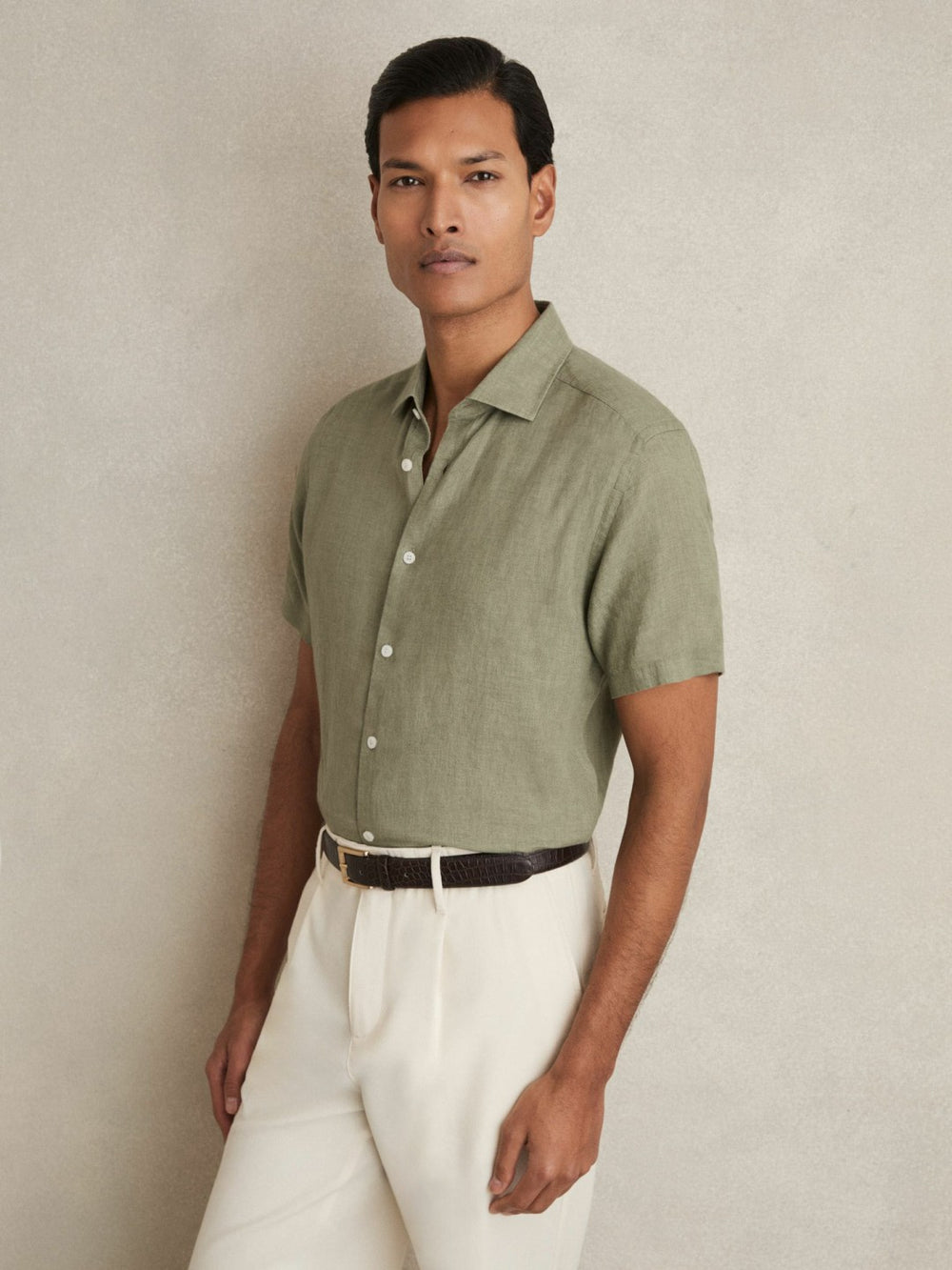 Slim Fit Linen Button-Through Shirt Thyme Green | Men