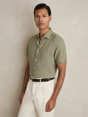 Slim Fit Linen Button-Through Shirt Thyme Green | Men