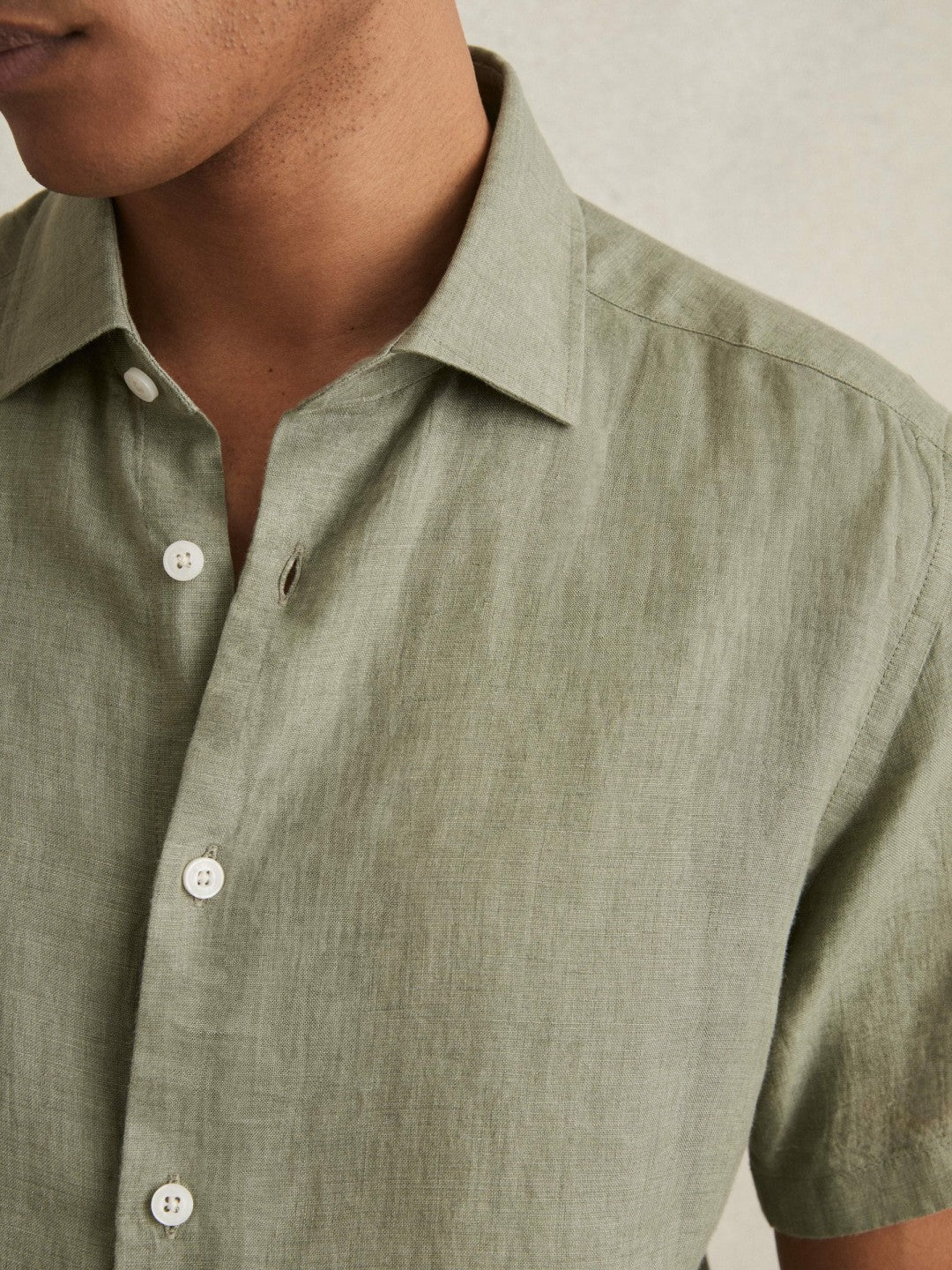 Slim Fit Linen Button-Through Shirt Thyme Green | Men