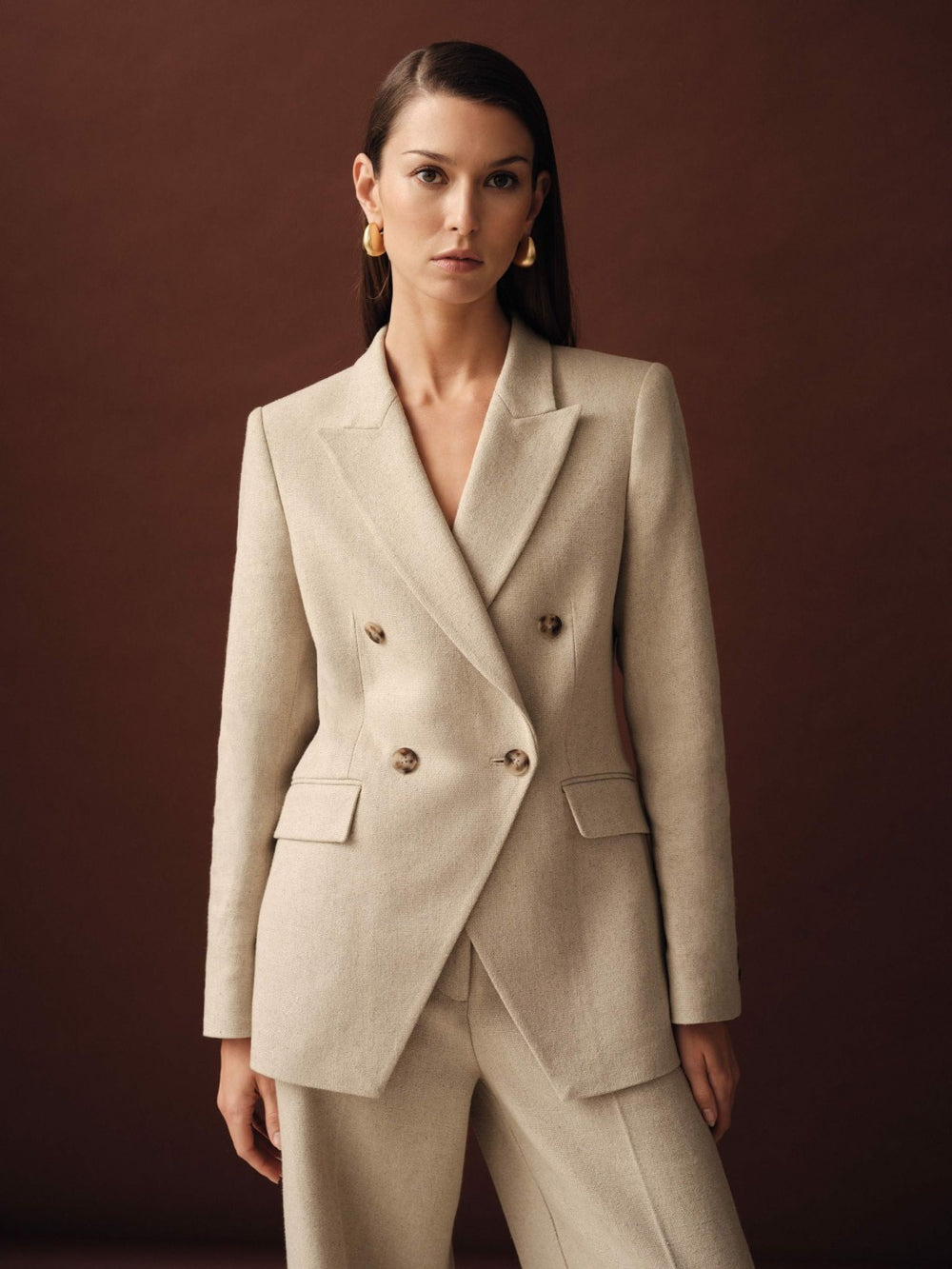 Petite Linen-Blend Double-Breasted Suit Jacket Neutral | Women