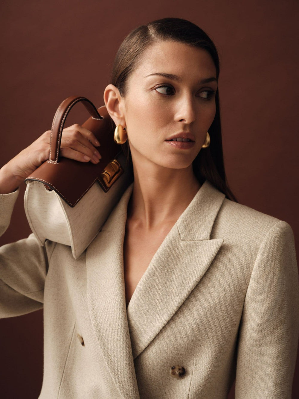 Petite Linen-Blend Double-Breasted Suit Jacket Neutral | Women