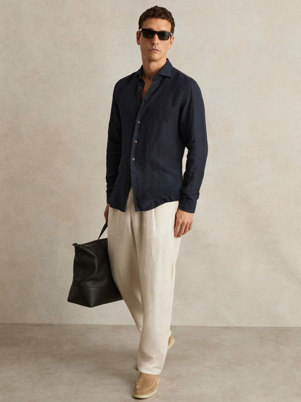 Linen Button-Through Shirt Navy | Men