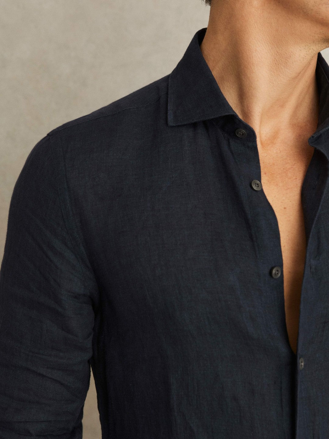 Linen Button-Through Shirt Navy | Men