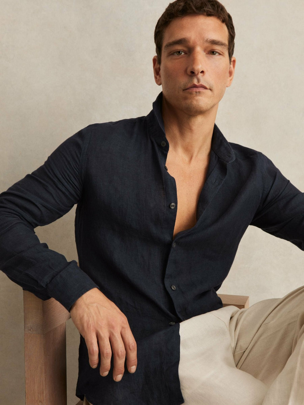 Linen Button-Through Shirt Navy | Men