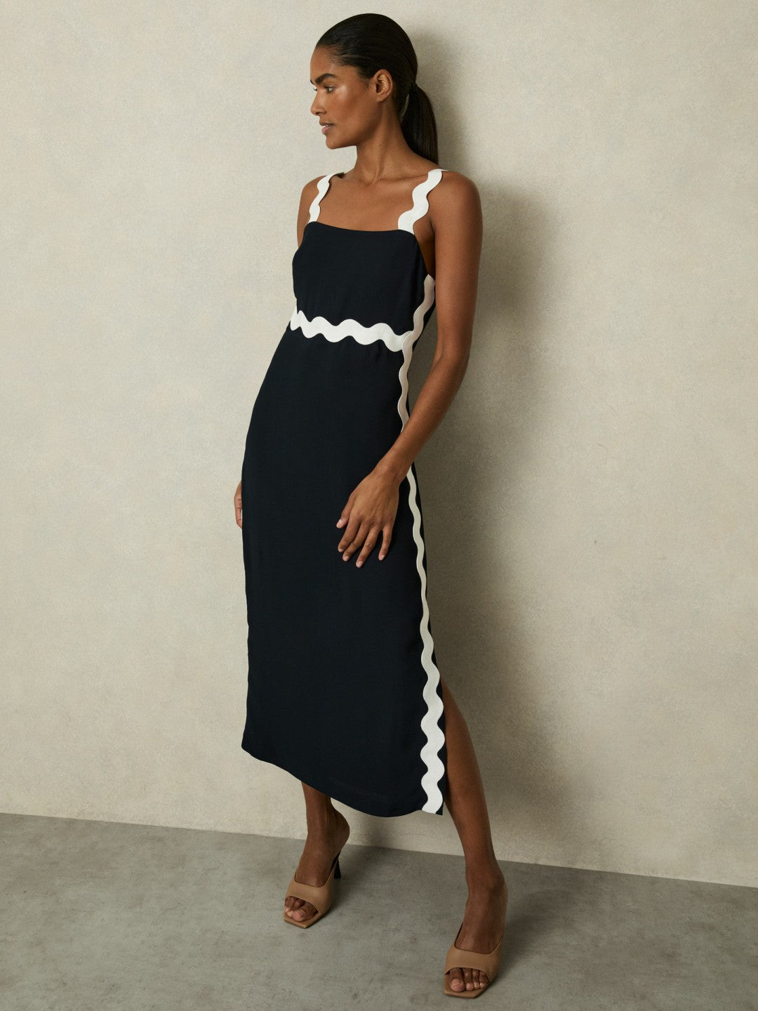 Wave-Trim Crepe Midi Dress Navy | Women