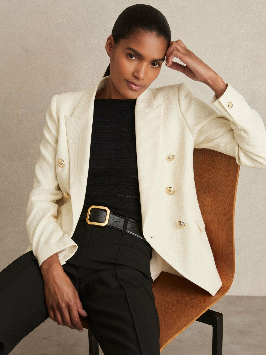 Petite Tailored Fit Textured Double Breasted Blazer White | Women